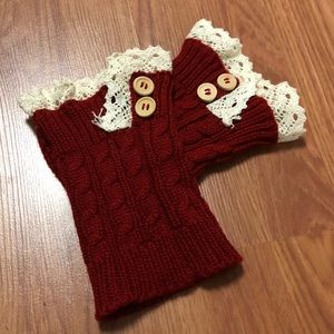 Crimson knit lace lined boot toppers with buttons